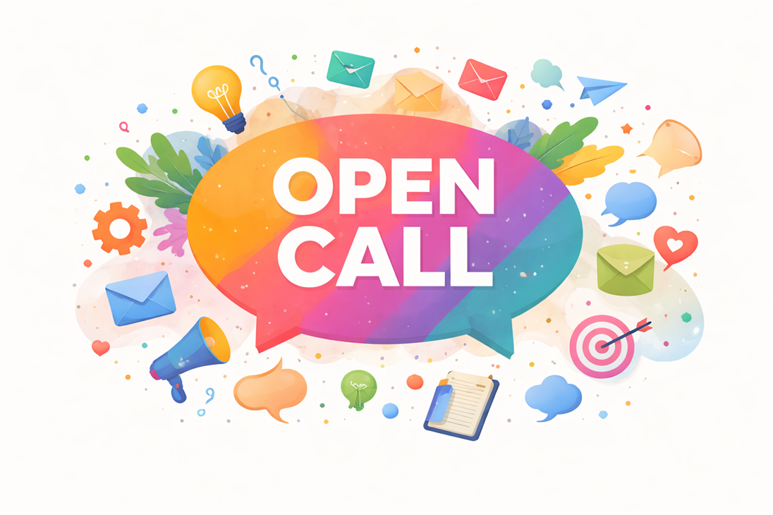 Bunte Illustration mit der Aufschrift „Open Call“ in einer farbigen Sprechblase, umgeben von Symbolen wie Briefumschlägen, Glühbirnen und Sprechblasen.